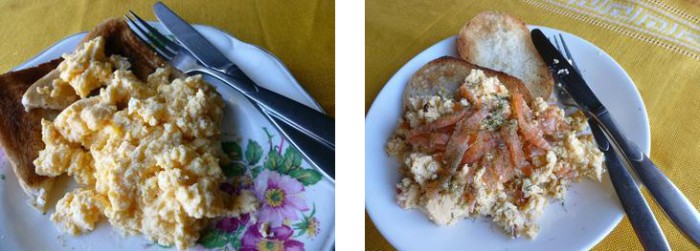 Learning new tricks with scrambled eggs: 1970s country-town style (left), and the more modern, urban interpretation with smoked salmon and dill