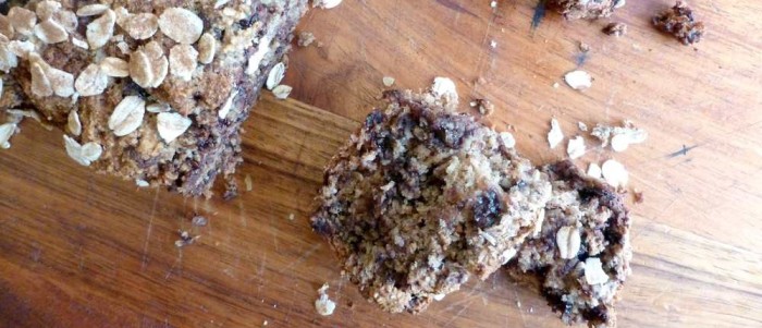 Banana bread:oat flour with a liberal dose of chocolate chips of course) and topped with oats and cinnamon. No egg, no gluten (if you use the right oats), no milk